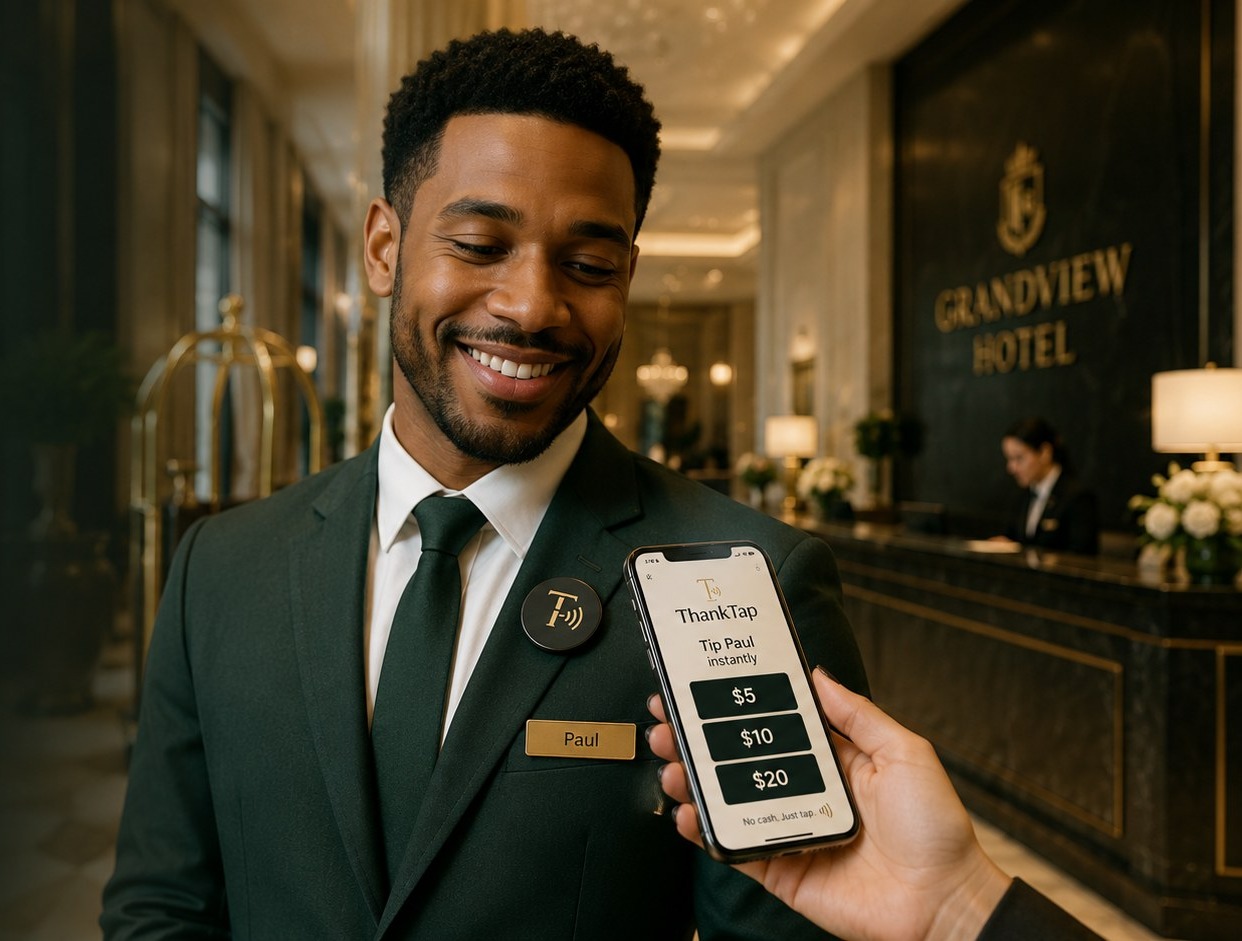 Paul, a bell attendant at the Grandview Hotel, smiles as a guest taps his ThankTap badge and tips him from her phone