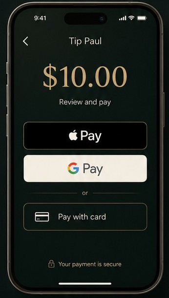 Guest phone screen: loading a ThankTap balance with Apple Pay or Google Pay