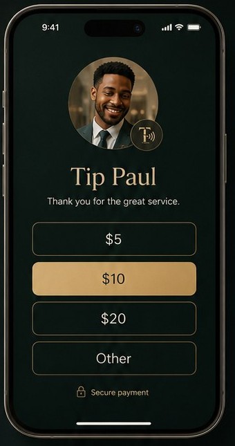 Guest phone screen: Tip Paul — choose $5, $10, $20 or another amount