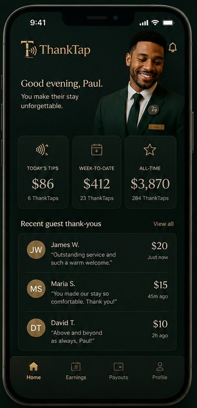 Staff app home: good evening Paul — today's tips, week to date, all-time, and recent guest thank-yous