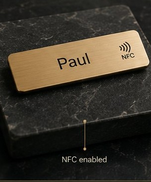 Brushed brass NFC name tag engraved with the name Paul