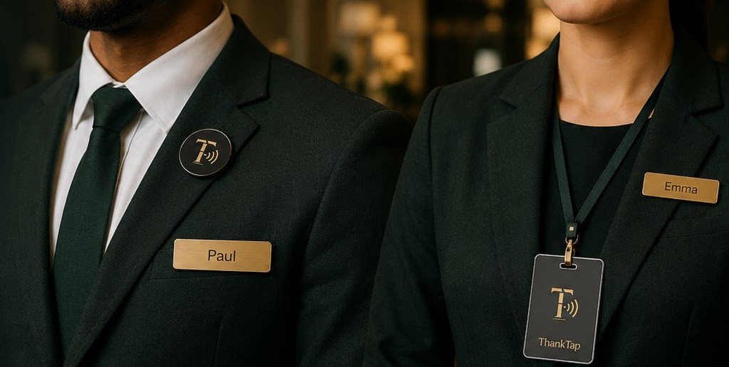 Two staff members in deep green uniforms wearing ThankTap hardware: a round blazer badge with brass name tag, and a lanyard card