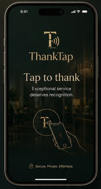 Guest phone screen: Tap to thank — hold your phone to the staff member's NFC tag