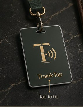ThankTap lanyard card in dark green with gold logo